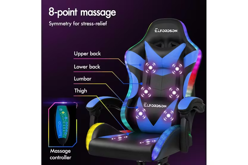 Elfordson Led 8-Point Massage Gaming Chair with Lumbar Cushion | Blue