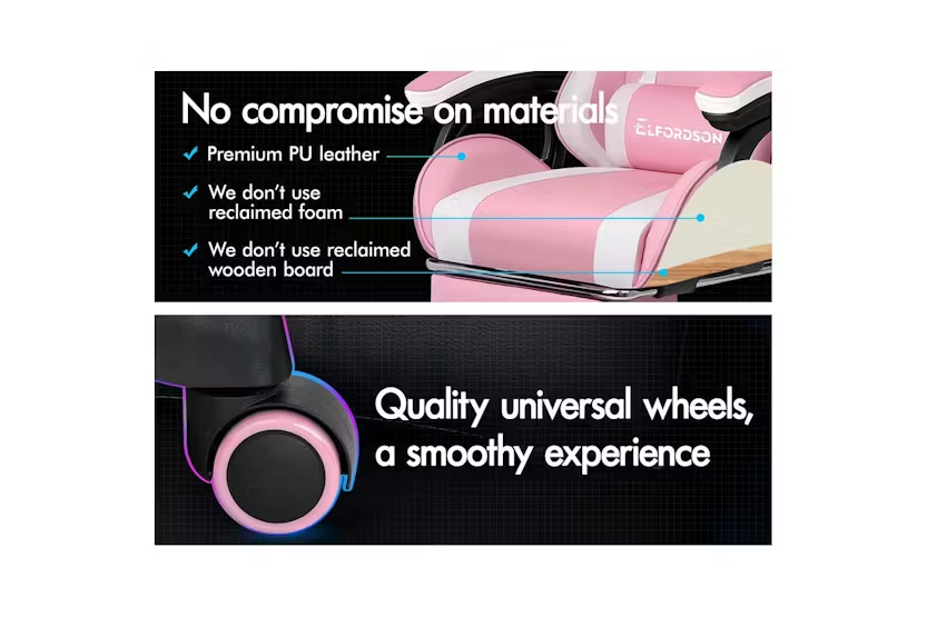 Elfordson Gaming Chair with 2-Point Massage Cushion | Pink/White