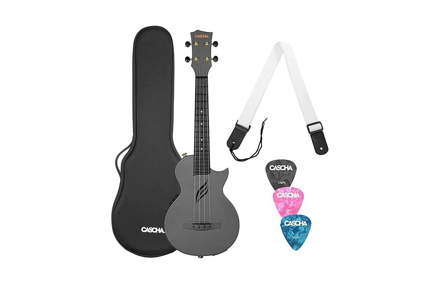 Cascha Carbon Fibre Electric Concert Ukulele Set Bag, Strap & Picks - Black