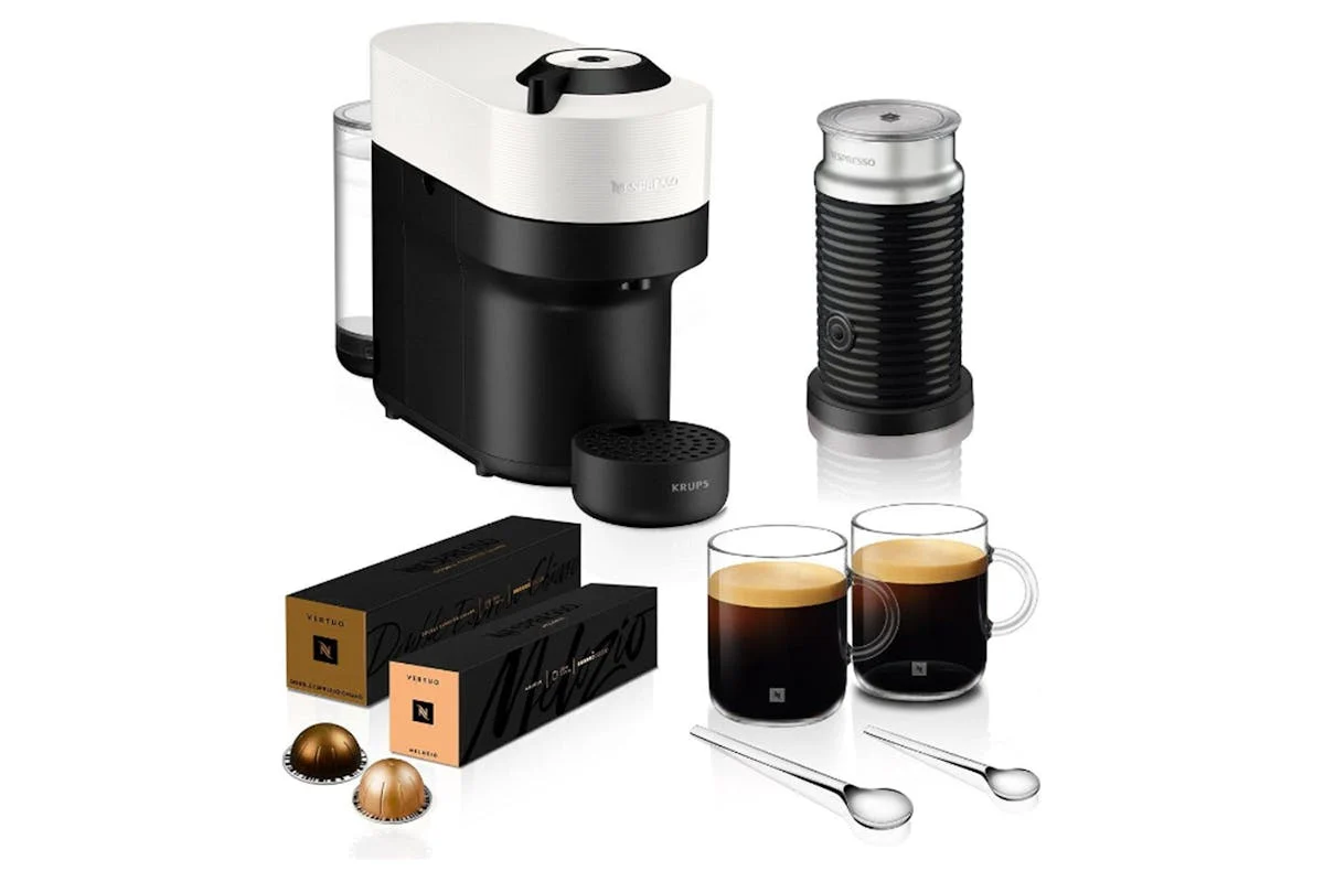 Nespresso Vertuo Pop with Milk Frother, Coffee Capsules and Mugs, White, By Krups