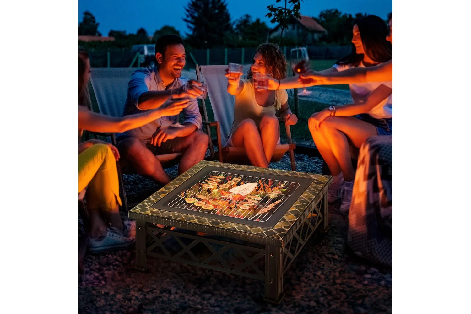 Outsunny Fair Pit with Grill Shelf Poker | Black